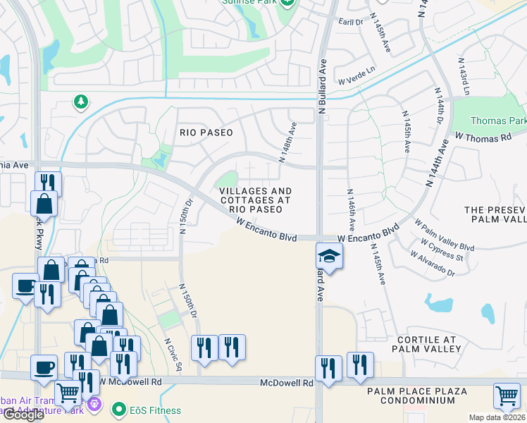 map of restaurants, bars, coffee shops, grocery stores, and more near 14870 West Encanto Boulevard in Goodyear