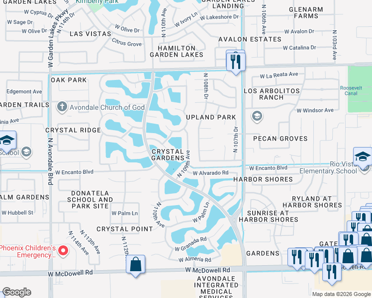 map of restaurants, bars, coffee shops, grocery stores, and more near 2304 North 109th Avenue in Avondale