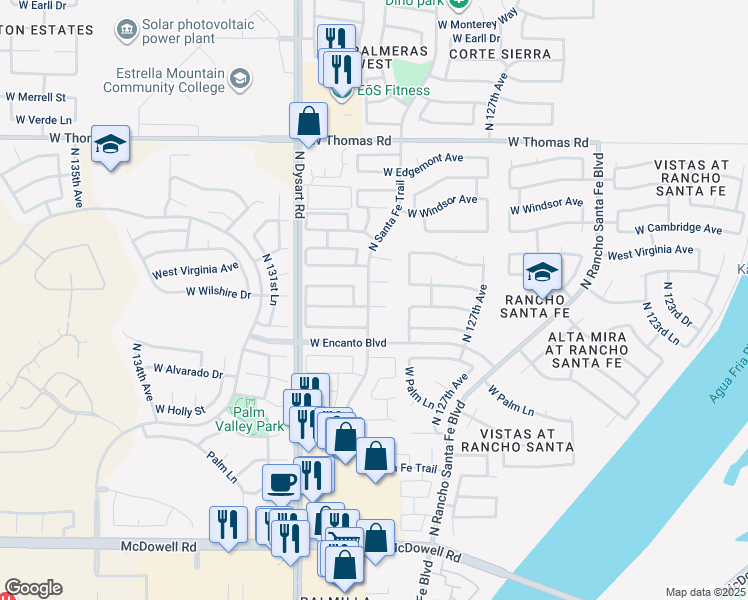 map of restaurants, bars, coffee shops, grocery stores, and more near 5753 North Santa Fe Trail in Avondale