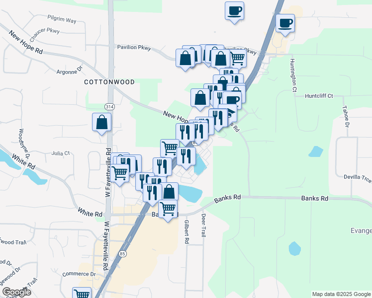 map of restaurants, bars, coffee shops, grocery stores, and more near 959 Glynn Street North in Fayetteville
