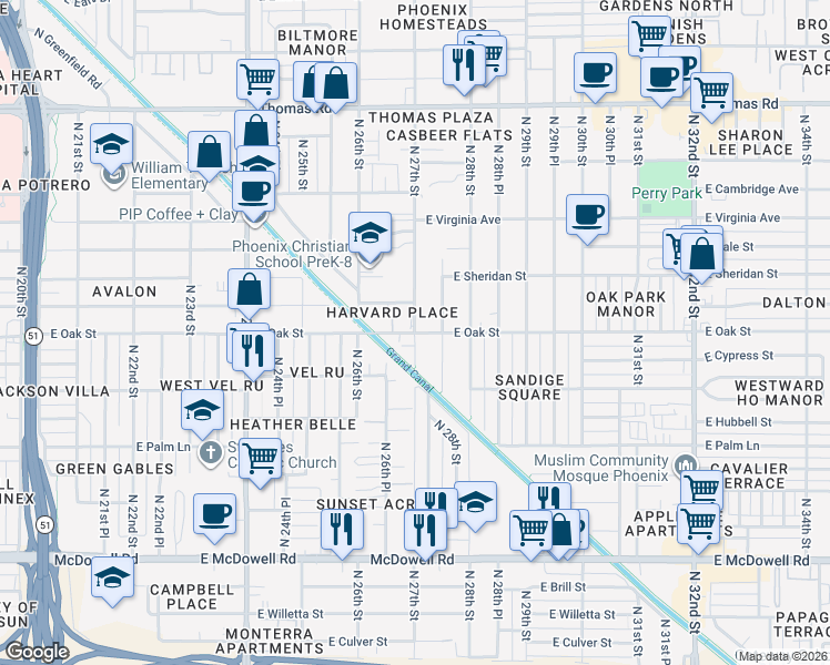 map of restaurants, bars, coffee shops, grocery stores, and more near E Oak St & N 27th St in Phoenix