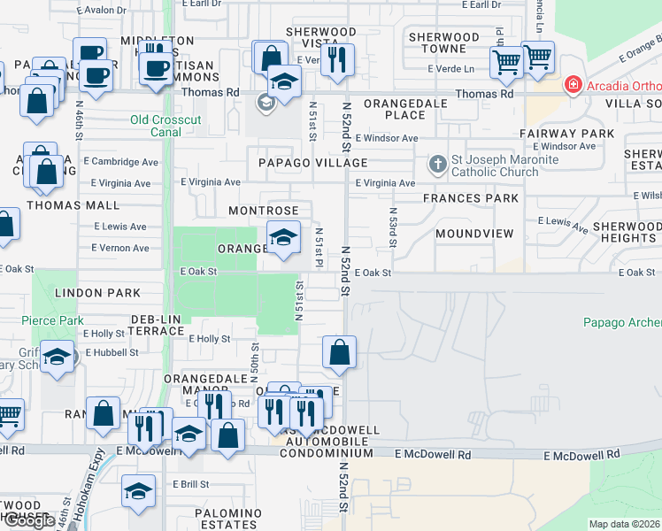 map of restaurants, bars, coffee shops, grocery stores, and more near 5117 East Oak Street in Phoenix