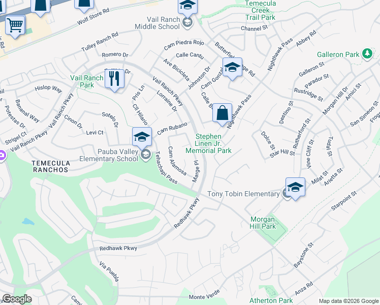 map of restaurants, bars, coffee shops, grocery stores, and more near 44892 Marge Place in Temecula
