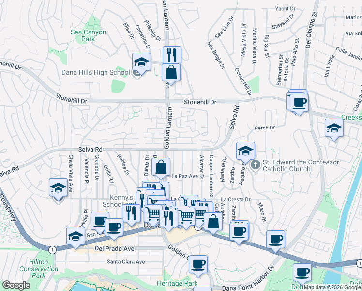 map of restaurants, bars, coffee shops, grocery stores, and more near 24846 Sunstar Lane in Dana Point