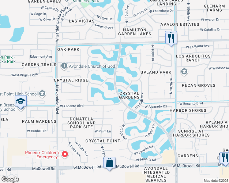 map of restaurants, bars, coffee shops, grocery stores, and more near 11102 West Lewis Avenue in Avondale