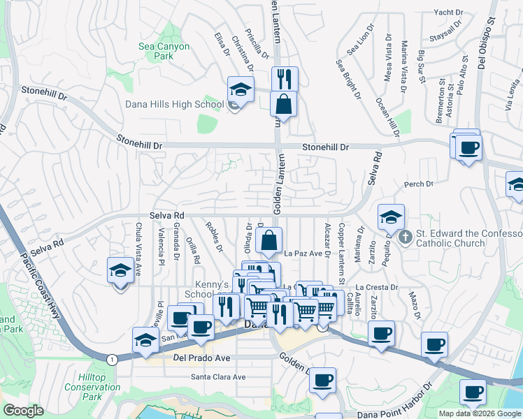 map of restaurants, bars, coffee shops, grocery stores, and more near 24716 Morning Star Lane in Dana Point