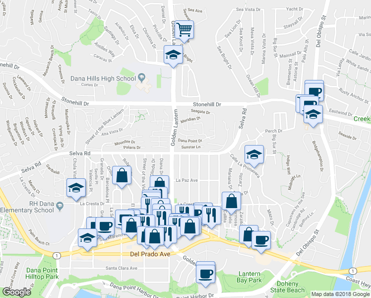map of restaurants, bars, coffee shops, grocery stores, and more near 24832 Sunstar Lane in Dana Point