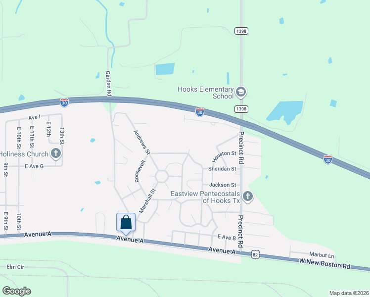map of restaurants, bars, coffee shops, grocery stores, and more near 216 Roosevelt in Hooks