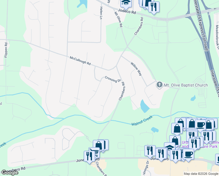 map of restaurants, bars, coffee shops, grocery stores, and more near 417 Walnut Creek Drive in Stockbridge