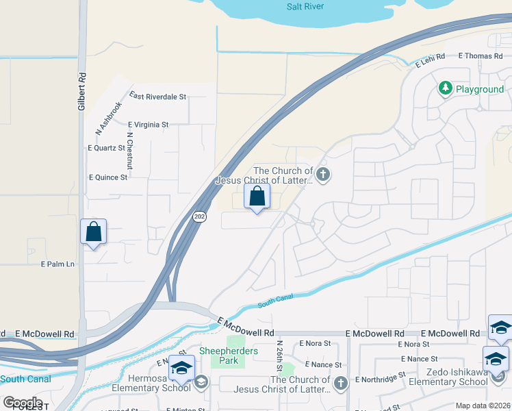 map of restaurants, bars, coffee shops, grocery stores, and more near 2558 East Lehi Road in Mesa