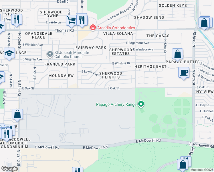 map of restaurants, bars, coffee shops, grocery stores, and more near 5744 East Oak Street in Scottsdale