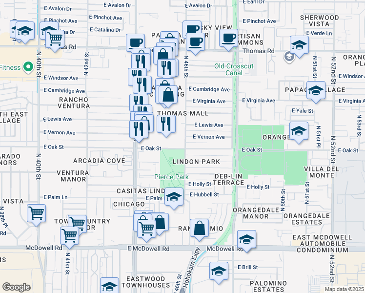 map of restaurants, bars, coffee shops, grocery stores, and more near 4601 East Oak Street in Phoenix