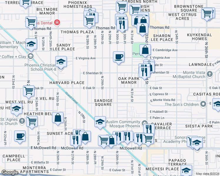 map of restaurants, bars, coffee shops, grocery stores, and more near 2232 North 29th Place in Phoenix