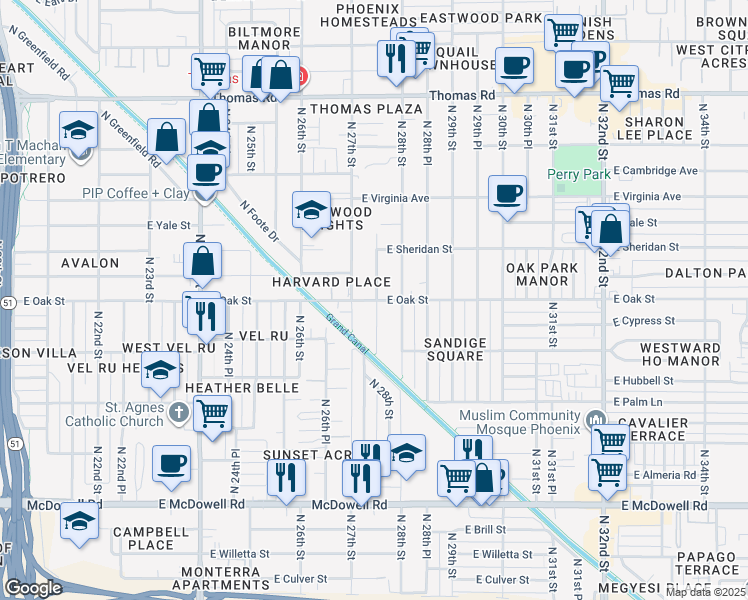 map of restaurants, bars, coffee shops, grocery stores, and more near 2222 North 27th Place in Phoenix