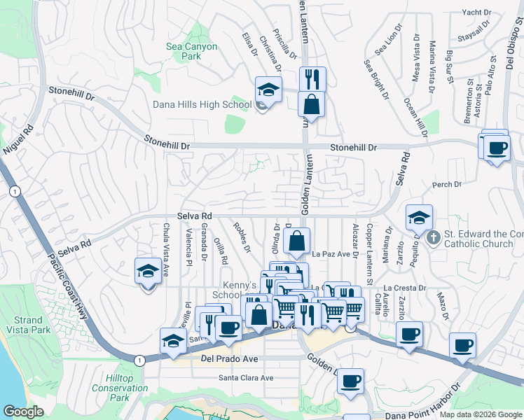 map of restaurants, bars, coffee shops, grocery stores, and more near 33751 Street of the Violet Lantern in Dana Point
