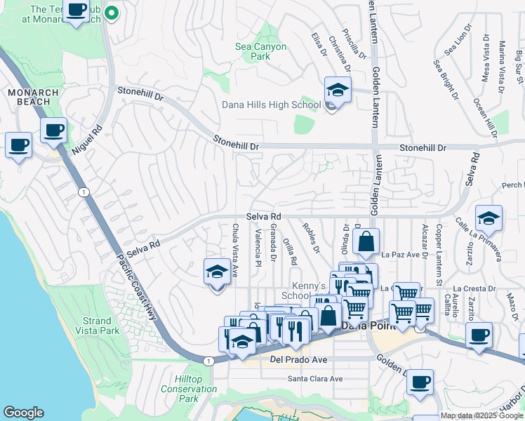 map of restaurants, bars, coffee shops, grocery stores, and more near 24331 Pasto Road in Dana Point