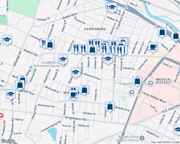 map of restaurants, bars, coffee shops, grocery stores, and more near 1716 Bransford Avenue in Augusta