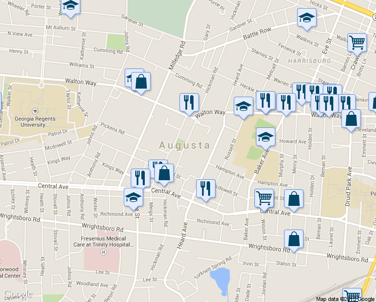 map of restaurants, bars, coffee shops, grocery stores, and more near 1010 Hickman Road in Augusta