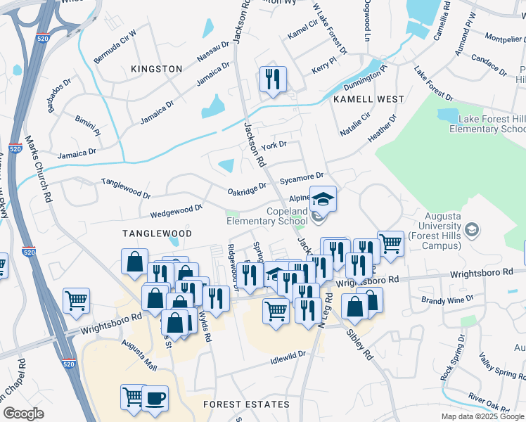 map of restaurants, bars, coffee shops, grocery stores, and more near 1409 Ridgewood Drive in Augusta
