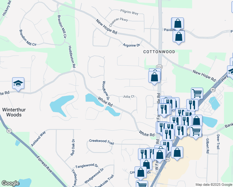 map of restaurants, bars, coffee shops, grocery stores, and more near 120 Julia Court in Fayetteville
