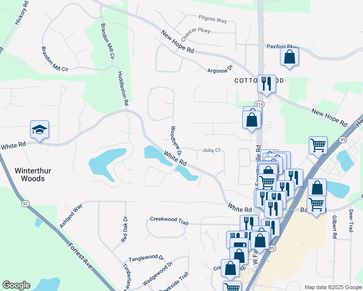 map of restaurants, bars, coffee shops, grocery stores, and more near 100 Julia Court in Fayetteville