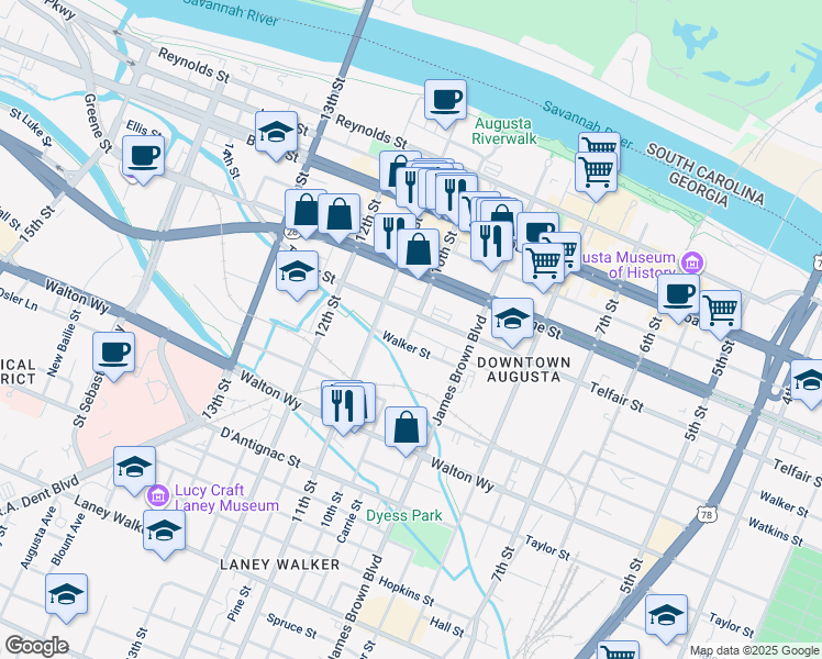 map of restaurants, bars, coffee shops, grocery stores, and more near 518 10th Street in Augusta