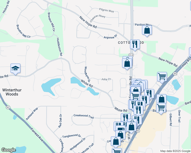 map of restaurants, bars, coffee shops, grocery stores, and more near 120 Julia Court in Fayetteville