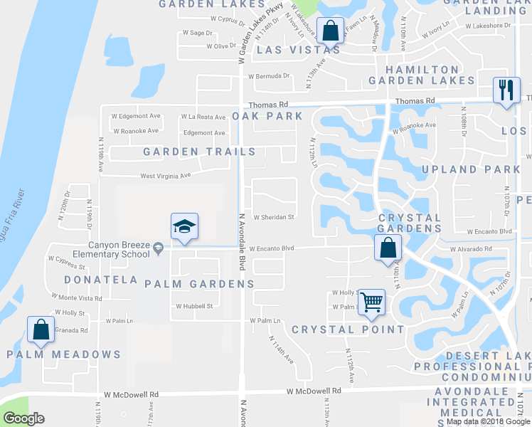 map of restaurants, bars, coffee shops, grocery stores, and more near 11448 West Sheridan Street in Avondale
