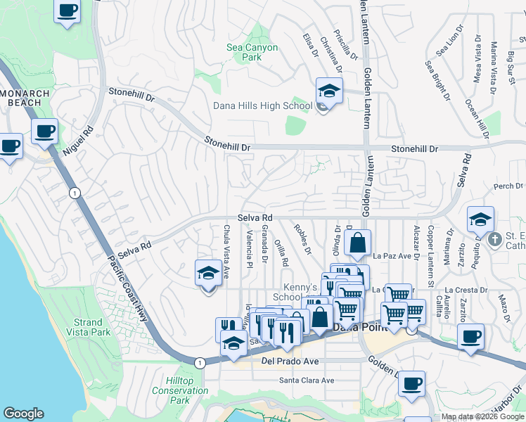 map of restaurants, bars, coffee shops, grocery stores, and more near 24401 Vista Point Lane in Dana Point