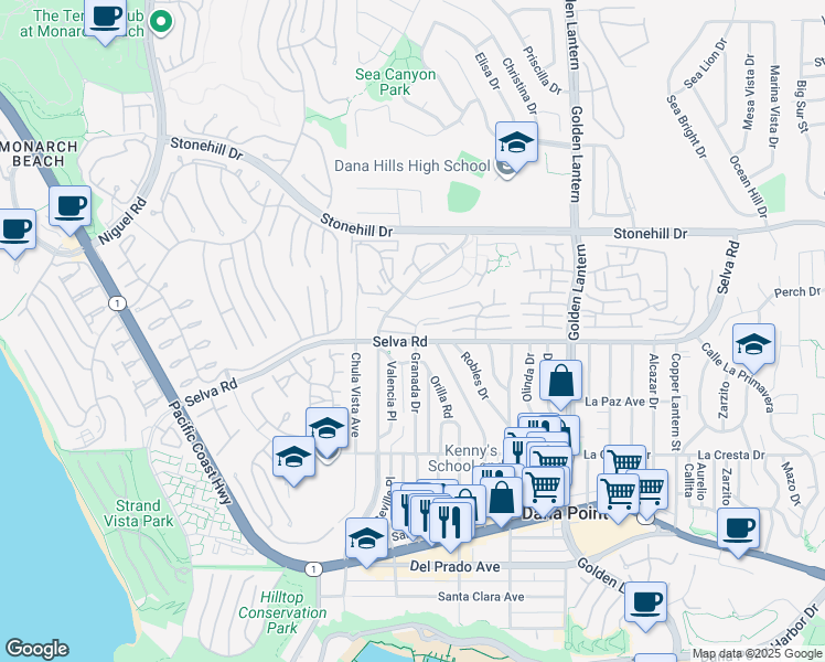 map of restaurants, bars, coffee shops, grocery stores, and more near 24401 Vista Point Lane in Dana Point