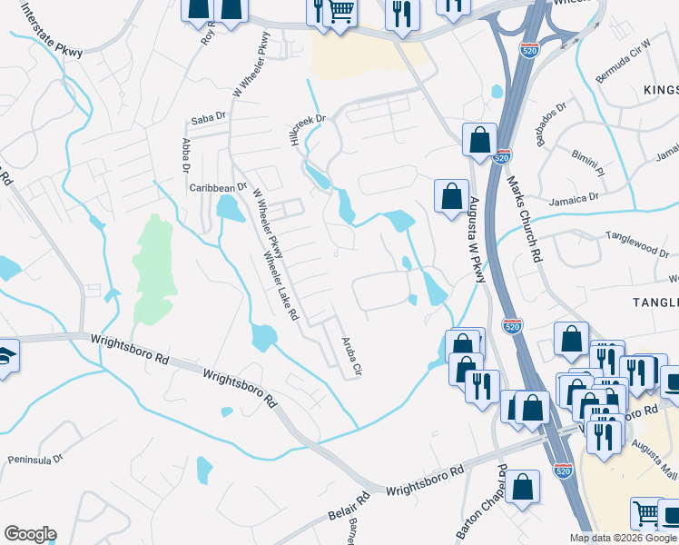 map of restaurants, bars, coffee shops, grocery stores, and more near 1199 Brookstone Way in Augusta