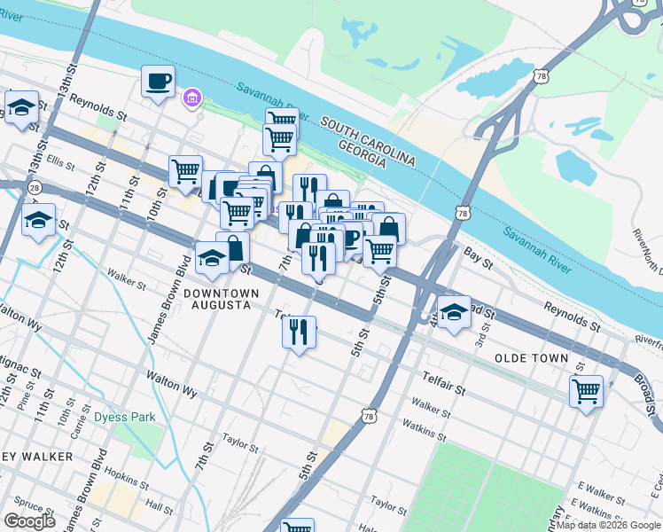 map of restaurants, bars, coffee shops, grocery stores, and more near 542 1/2 Ellis Street in Augusta