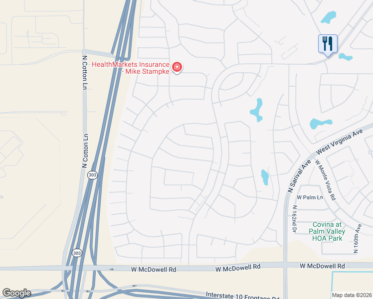 map of restaurants, bars, coffee shops, grocery stores, and more near 16690 West Sheridan Street in Goodyear