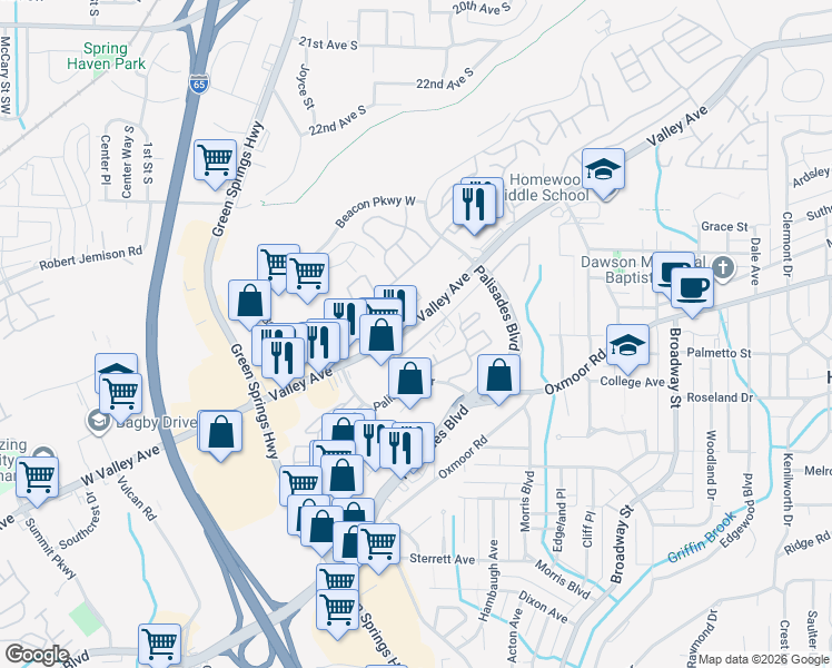 map of restaurants, bars, coffee shops, grocery stores, and more near 513 Valley Avenue in Birmingham