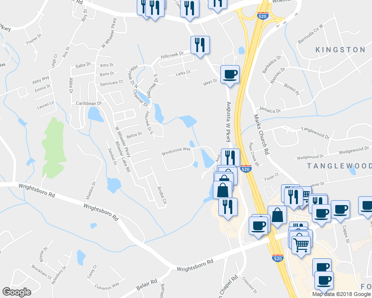 map of restaurants, bars, coffee shops, grocery stores, and more near Brookstone Way in Augusta