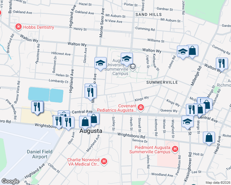 map of restaurants, bars, coffee shops, grocery stores, and more near 2471 East Avenue in Augusta