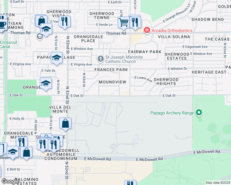 map of restaurants, bars, coffee shops, grocery stores, and more near 5454 East Oak Street in Phoenix