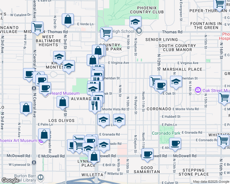 map of restaurants, bars, coffee shops, grocery stores, and more near 2301 North Richland Street in Phoenix
