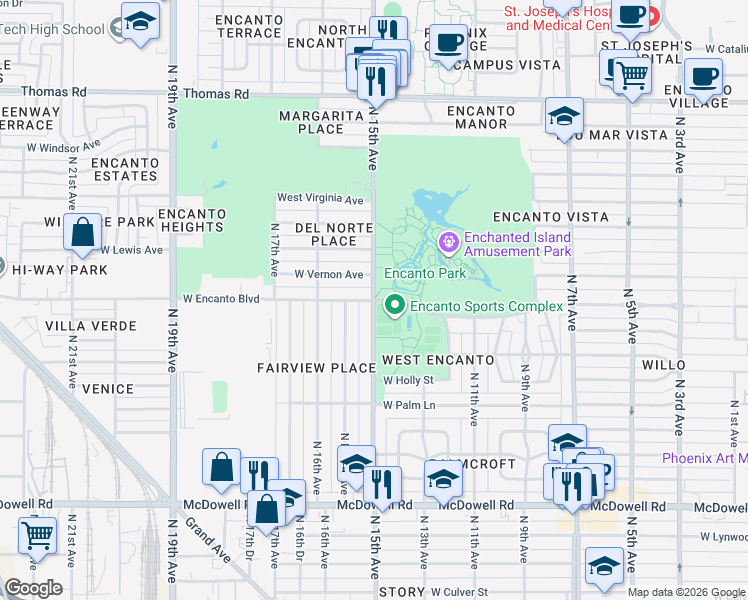 map of restaurants, bars, coffee shops, grocery stores, and more near 2301 North 15th Avenue in Phoenix
