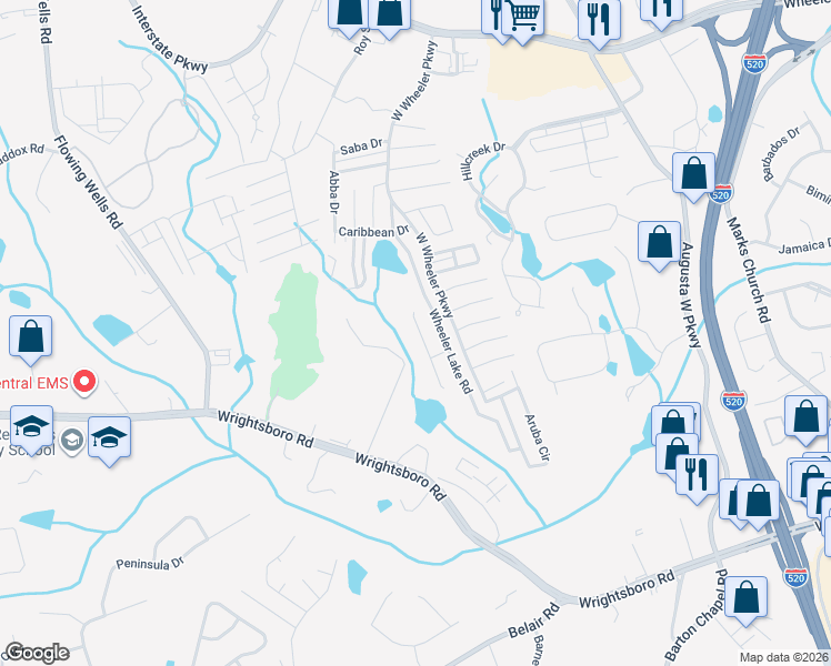 map of restaurants, bars, coffee shops, grocery stores, and more near 1334 Maddox Drive in Augusta