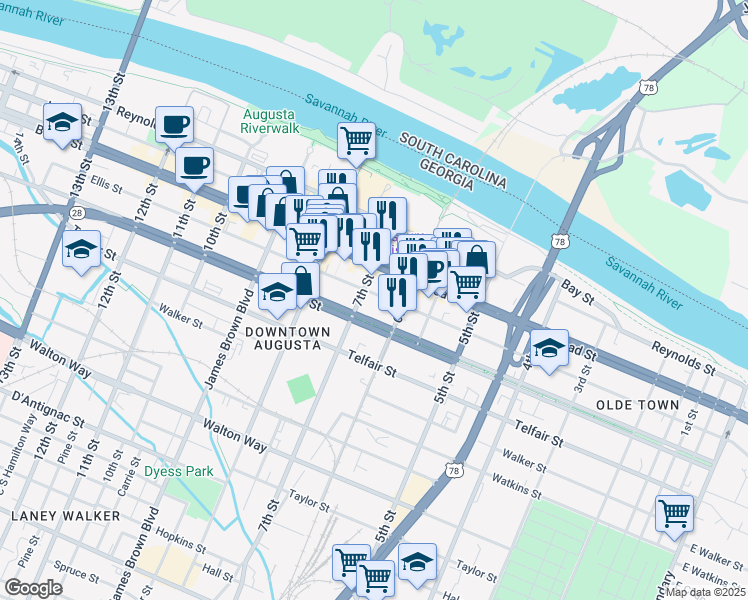 map of restaurants, bars, coffee shops, grocery stores, and more near 619 Greene Street in Augusta