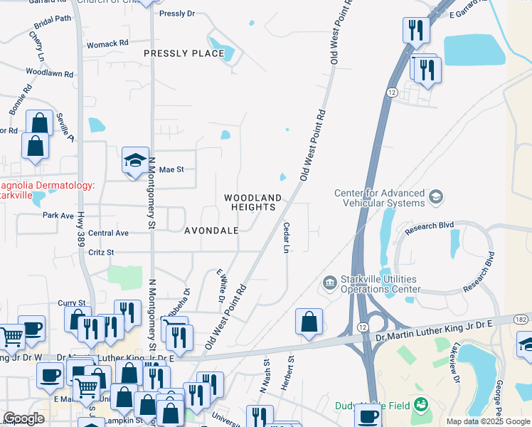 map of restaurants, bars, coffee shops, grocery stores, and more near 507 Old West Point Road in Starkville