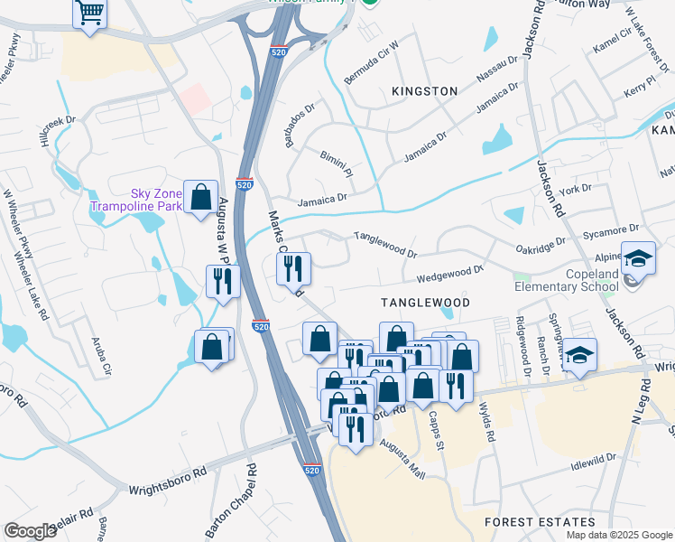 map of restaurants, bars, coffee shops, grocery stores, and more near 1412 Springfield Circle in Augusta