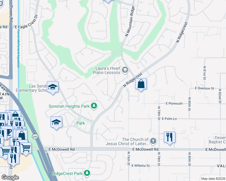 map of restaurants, bars, coffee shops, grocery stores, and more near 3060 North Ridgecrest in Mesa