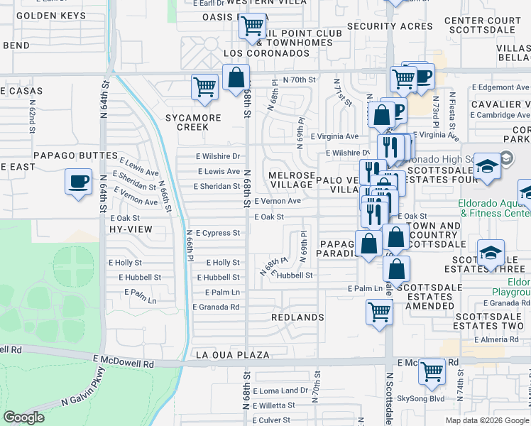 map of restaurants, bars, coffee shops, grocery stores, and more near 6901 East Oak Street in Scottsdale