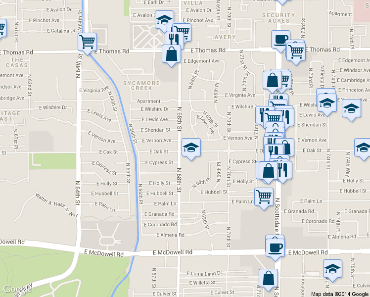 map of restaurants, bars, coffee shops, grocery stores, and more near 6801 East Oak Street in Scottsdale