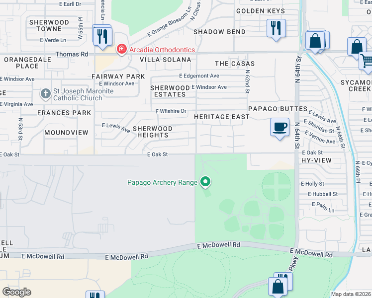 map of restaurants, bars, coffee shops, grocery stores, and more near 5938 East Oak Street in Scottsdale