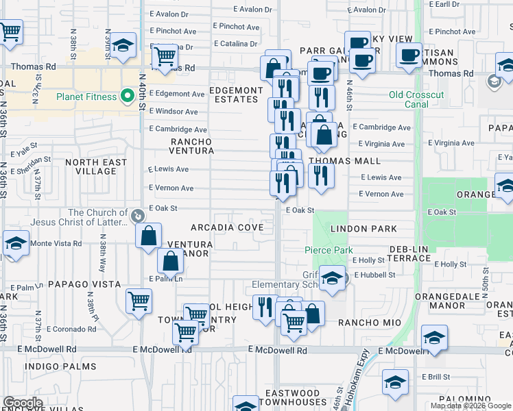 map of restaurants, bars, coffee shops, grocery stores, and more near 2252 North 44th Street in Phoenix