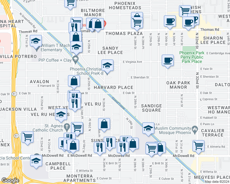 map of restaurants, bars, coffee shops, grocery stores, and more near 2222 North 27th Street in Phoenix