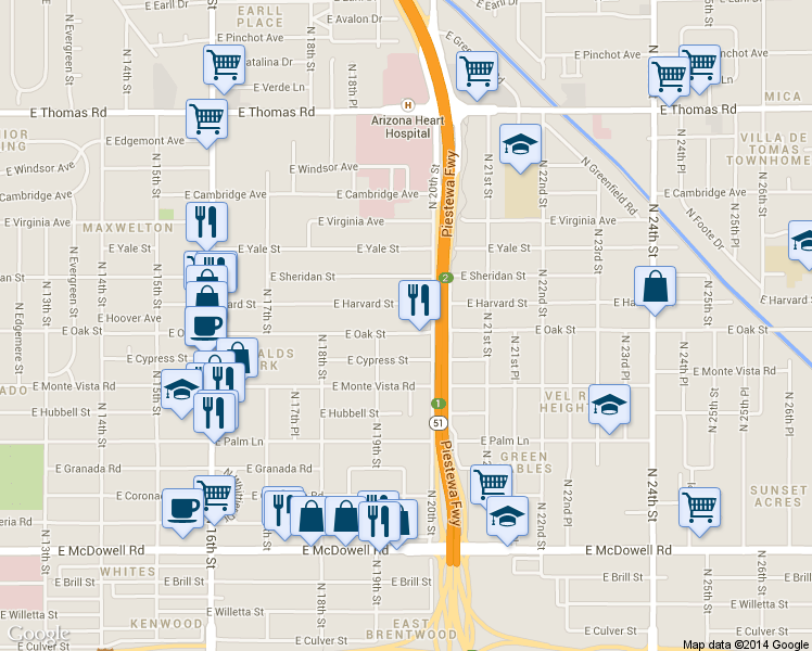 map of restaurants, bars, coffee shops, grocery stores, and more near 1941 East Oak Street in Phoenix
